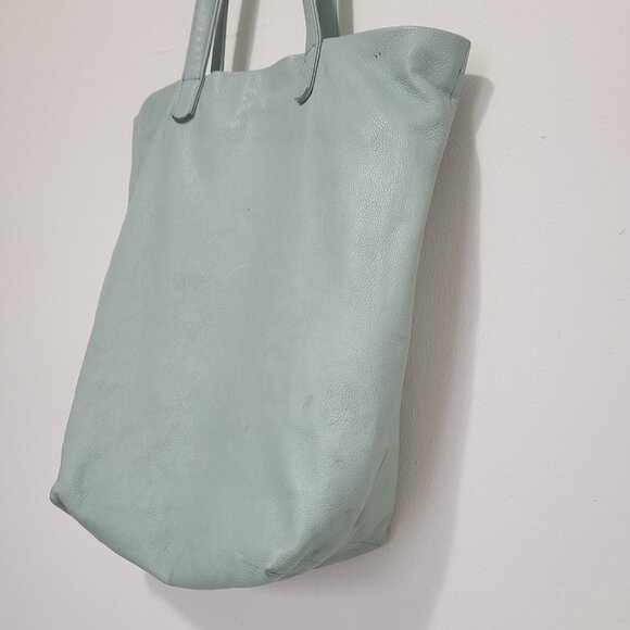 BAGGU Aqua Blue Natural Milled Leather Basic Tote Bag - Picture 6 of 9
